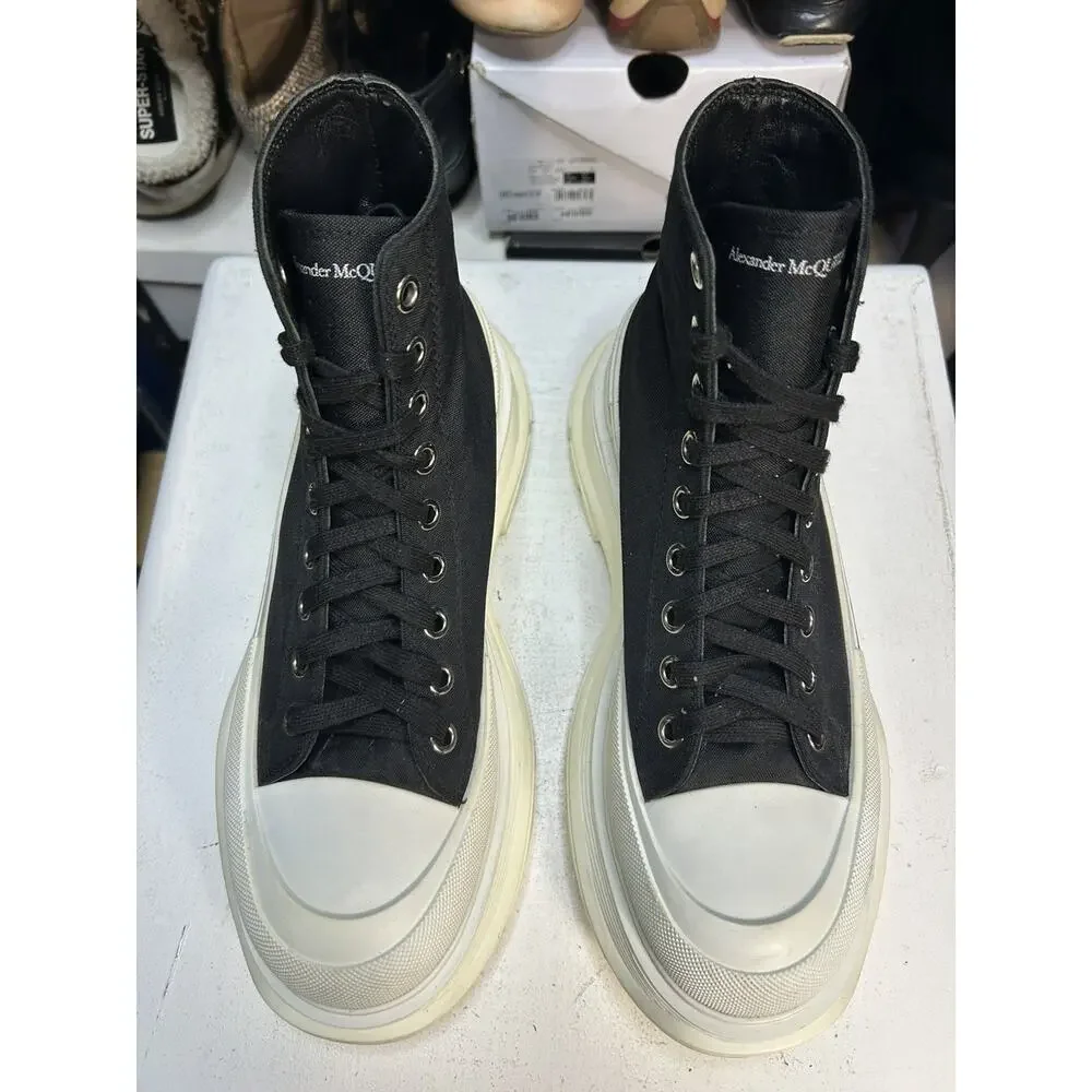 Alexander McQueen Tread Slick Lace Up Boot in black and white canvas Size 45